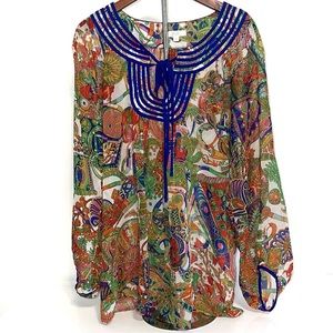 JADE MELODY TAM • Blue Floral Geo
Print Colorful Flounce Sleeve Too Medium